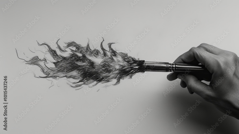 Poster a surreal image of a hand holding a paintbrush from which flames emerge. the smooth pencil strokes c