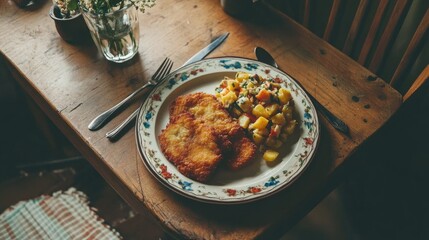 A gourmet plate of Austrian schnitzel with a side of potato salad, beautifully arranged on a ceramic plate. The table is empty, with no people around