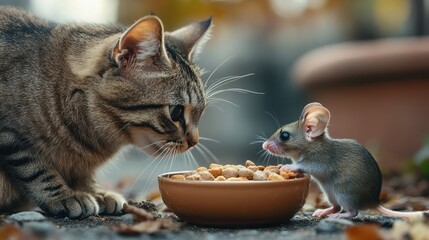 Symbolizing friendship and harmony, a cat and mouse share a bowl of food in a peaceful coexistence.