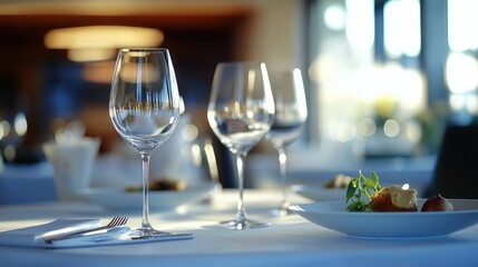 A modern Western food restaurant, elegantly set with wine glasses and plates of gourmet dishes. The space is empty, with no one dining