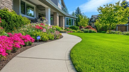 A peaceful front yard scene with a concrete path leading to a house, bordered by flower beds and a green lawn. No one in sight