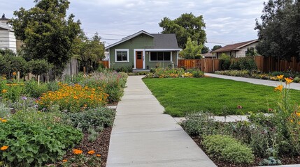 Fototapeta premium A peaceful front yard scene with a concrete path leading to a house, bordered by flower beds and a green lawn. No one in sight