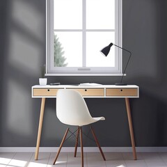 Serene home office with gray wall, white desk, black lamp, and white chair. Natural light enters through window with plant on windowsill. Minimalist interior design with wooden floor.