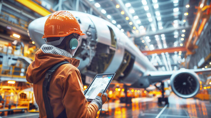 Engineer using tablet for aircraft maintenance in a modern hangar