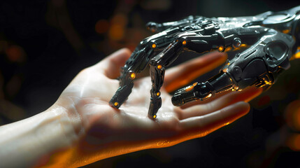 Futuristic human and robotic hand connection in a symbolic gesture