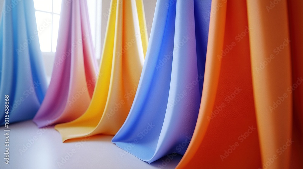 Poster a row of colorful curtains hangs in front of a window, with a glass pane visible behind