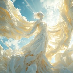 Angel soaring through sunset clouds, serene, wings outstretched in ethereal glow