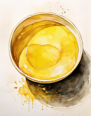 A golden liquid pours into a silver bowl, splashing and dripping. The vibrant colors and detailed strokes create a visually stunning artwork