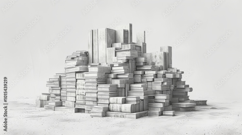 Poster a visually striking image of a large stack of books arranged into an abstract structure. perfect for