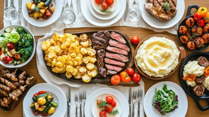 A Western food spread featuring steak, mashed potatoes, and grilled vegetables on a dining table. The scene is empty with no one dining