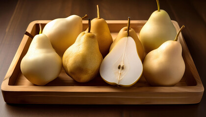 Vibrant digital painting of pears in a wooden tray, showcasing texture and light