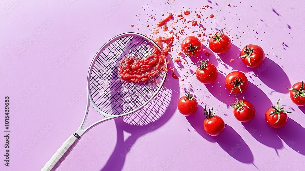 Poster a zoomed-in image of a tennis racket with various tomatoes placed on it, displayed on a tabletop set