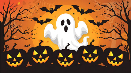 Spooky Halloween illustration with orange and black pumpkins and a ghost flying in the night sky. 
