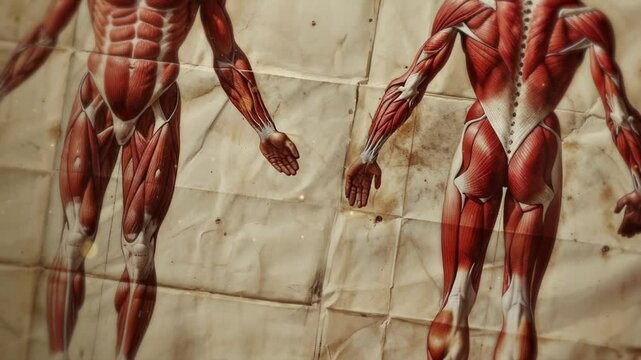 Detailed muscular system illustration on aged paper. Three views of male figure showing superficial muscles. Anatomical study with labeled muscle groups. Scientific artwork for medical education