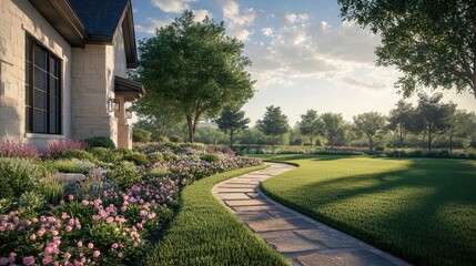 Fototapeta premium An empty front yard with a stone path, lush grass, and a blooming flower garden near the entrance of the house
