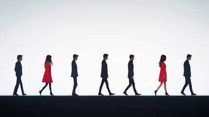 Silhouettes of people walking in a line, two women in red dresses stand out against the white background.