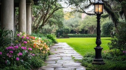 Obraz premium An empty front yard with an old-fashioned lamp post, a stone pathway, and colorful flowers growing along the porch