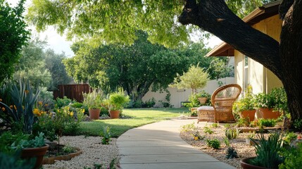 An empty front yard with potted plants, a garden path, and a wicker chair under the shade of a large oak tree
