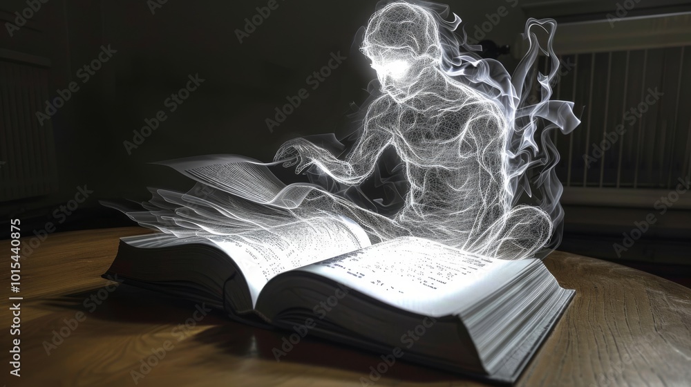Poster a glowing spectral figure emerges from the pages of an open book, engaged in reading or turning page