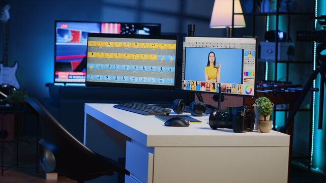 Multi monitors PC setup in empty studio with photo editing software used to manipulate digital images. Industry standard retouching program on computer screen used by professional photographers