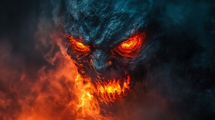 Fierce fire demon engulfed in flames with glowing eyes in dark realm