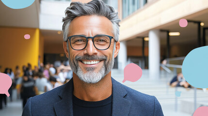 A middle-aged man with a friendly smile and glasses stands in a modern building with a blurred background.