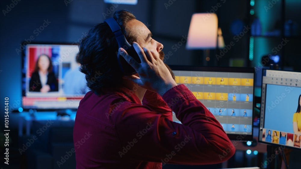 Poster freelancer editing professional photographs, working in home studio while enjoying music. photo edit