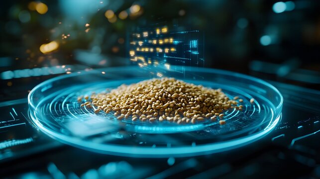 Robotic scanner detecting impurities in grains, with augmented reality holographic overlays showing data, cyberpunk aesthetic, cool blue tones, minimalistic digital art, wide-angle shot