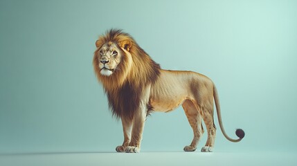 Fototapeta premium A lion standing on a white surface against a blue background with a subtle blue tint in the background