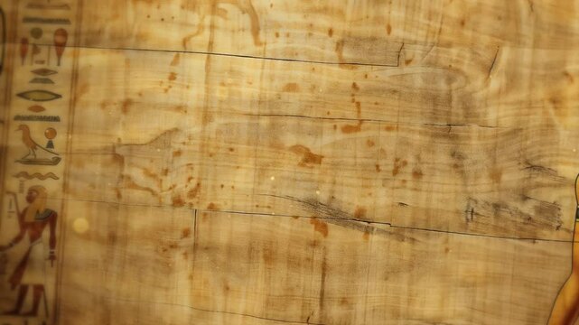 Ancient Egyptian papyrus with hieroglyphs and illustration of Pharaoh. Vintage background featuring symbols, writing, and royal figure, representing historical civilization and culture