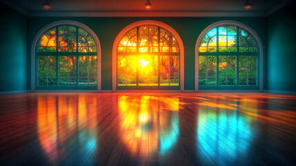 Obraz premium Sunlight streams through arched windows illuminating a wooden floor with vibrant hues.