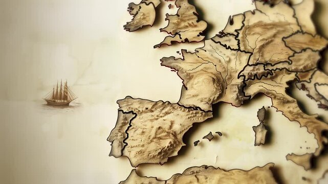 Animation of a boat in a vintage European map on aged parchment. Antique cartography showing Western Europe adventure. Illustration in sepia tones on an old textured paper with blank white space