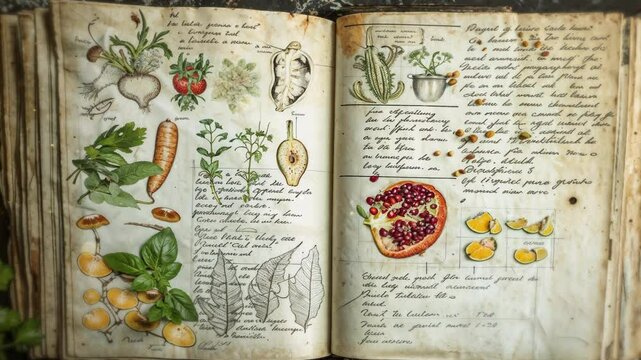Botanical journal bridging art and culinary science. Handcrafted recipe archive with intricate illustrations of herbs and fruits. Traditional wisdom and modern gastronomy in a vintage inspiration