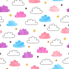 Colorful cartoon clouds seamless pattern. Cute vector childish print