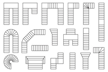 Set of stairs icons for flor plan. Staircase symbols for interior design project. Stairway elements for architecture blueprint isolated on white background. Vector graphic illustration