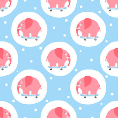 Seamless pink elephants pattern. Vector funny illustration. Fabric design