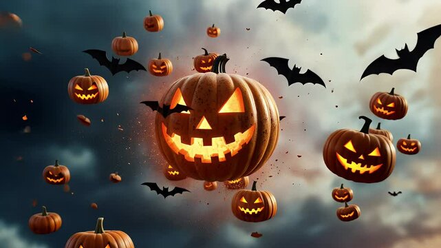A glowing jack-o-lantern with a carved face floats in the air, surrounded by bats and flying pumpkin pieces.