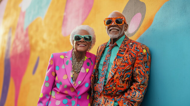 Vibrant African American seniors in colorful outfits posing against abstract mural