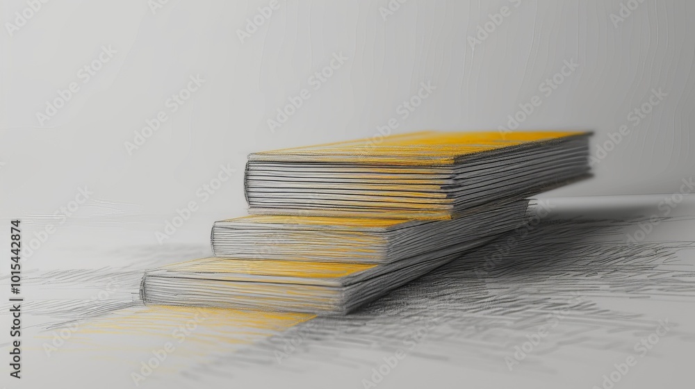 Poster a minimalistic abstract representation of books forming a staircase. grayscale tones dominate the sc