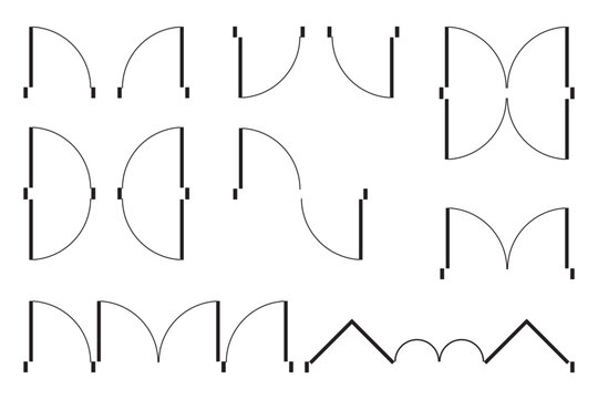 Set of door icons for floor plan. Entrance and exit signs for architecture floorplan in top view. Elements for drawing project isolated on white background. Vector graphic illustration