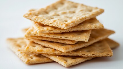 Dull, square soda crackers rest upon a white backdrop, isolated in sharp detail. Their diagonal arrangement enhances their geometric form, accentuating their crisp and dry texture. These crackers