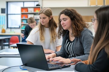 School classroom scene with students, teacher working on laptops. Collaborative project, e-learning, coding, computer science, teenage students, adult teacher, diverse group, educational setting,
