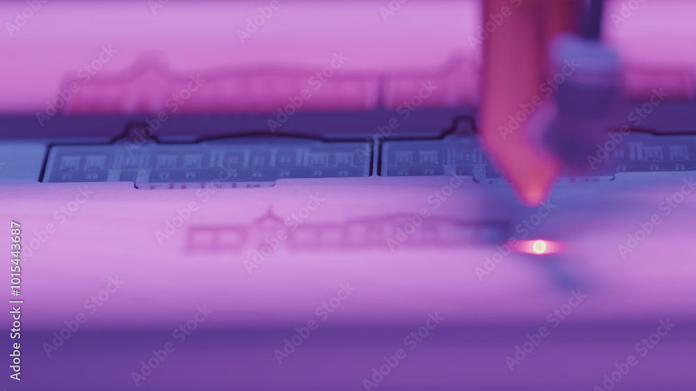 Poster close-up of laser printer engraving patterns. media. dot laser engraves patterns in robotic printer.