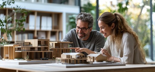 Two happy architects collaborating enthusiastically in a modern office, engaged in designing a large scale architectural model with natural daylight surrounding them, reflecting teamwork and