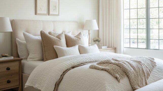 A serene bedroom featuring a plush bed adorned with various cream and beige pillows, soft textiles, and warm wood accents