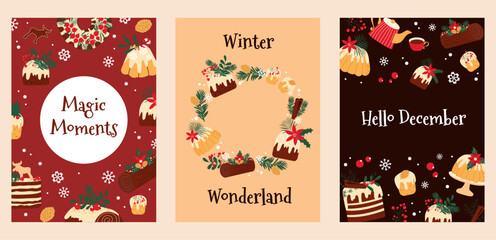Hand drawn set of warm Christmas greeting cards with traditional cakes, sweets and winter decoration.