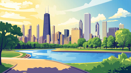 Obraz premium Vibrant urban skyline of chicago with lush park and waterscape