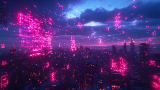 Digital letters flowing in mid-air within a city skyline at night view conveying the fusion of old and new communication technology futuristic tone Analogous Color Scheme