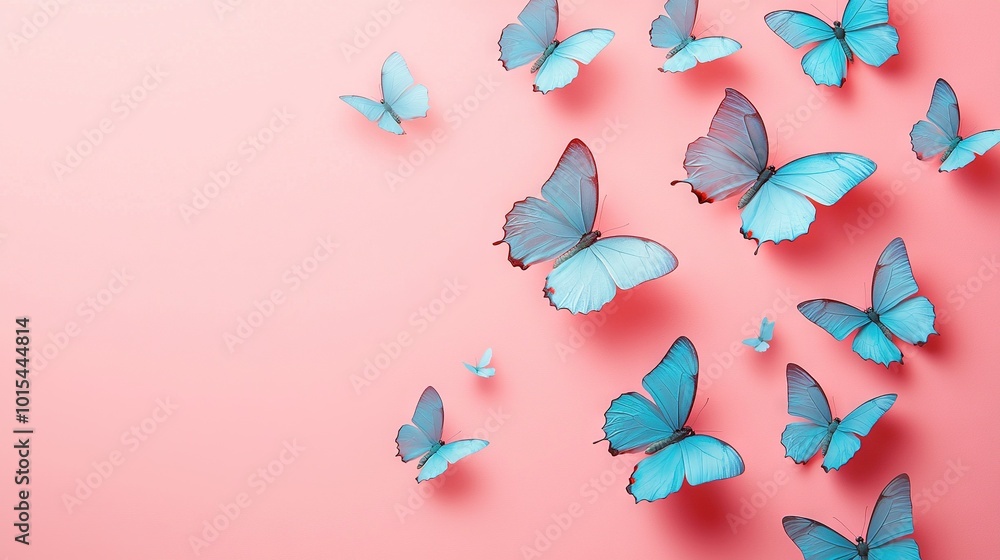 Sticker  A set of blue butterflies soaring in the sky against a pink canvas, featuring ample white space for insertion