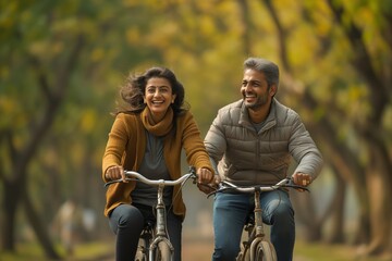 Happy Indian couple ride bicycles in park. Woman wears yellow jacket, brown scarf. Man wears gray jacket, black beanie. Trees surround, couple in center. Man leads, woman follows.